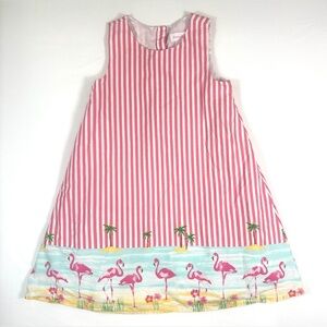 TOMMY BAHAMA Girls’ Pink Flamingo Striped Coastal Beach Shift Dress Size 6